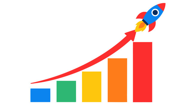 Rising bar chart with exponential growth arrow and rocket taking off, business success concept vector illustration with colorful ascending bars - professional high detailed commercial stock imagery