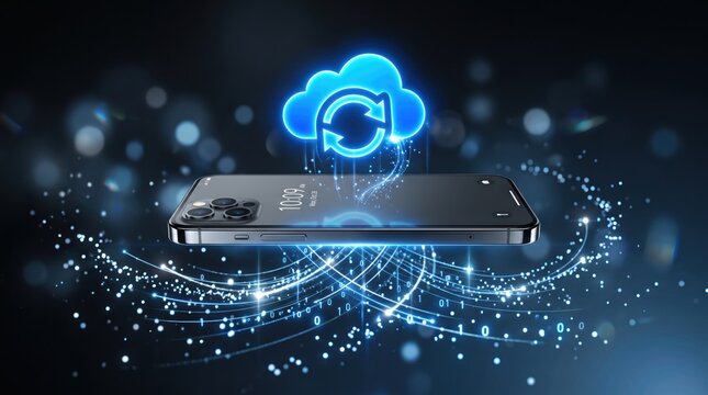 Smartphone floating with glowing cloud sync icon and binary code data streams, futuristic mobile cloud computing storage backup and wireless transfer technology concept illustration