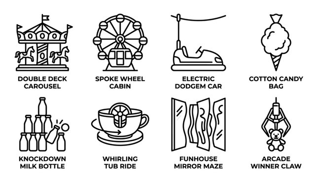 Set of eight amusement park and funfair attraction line icons with amusement fairground carnival attraction carousel electric knockdown whirling funhouse entertainment recreation festival