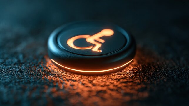 Illuminated Accessible Symbol Button Glowing Orange on Textured Surface, Representing Inclusion and Assistance