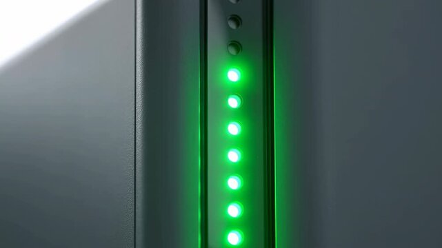 Vertical row of green indicator lights glows and changes along dark metallic equipment panel, creating a precise technology detail with reflective surfaces and high contrast