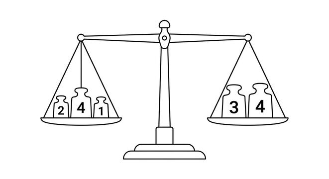 
Balanced Scale With Weights 2 4 1 And 3 4 Showing Balanced Equation 7 Equals 7 Math Concept
