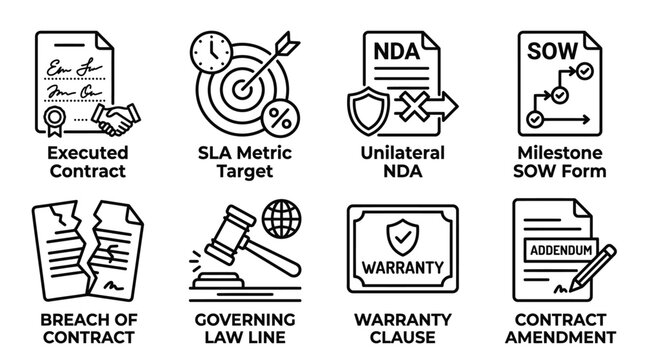 Collection of legal and contract iconography for business documentation with contract business documentation agreement warranty governing amendment executed unilateral milestone document