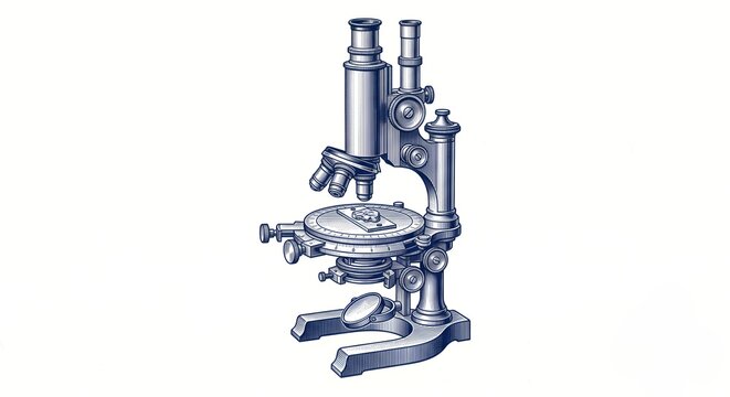 Deep navy monochrome engraving antique polarizing microscope on white background