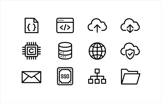 Set of twelve black line computer and technology icons including cloud storage database server cpu code file and network connection symbols for web design