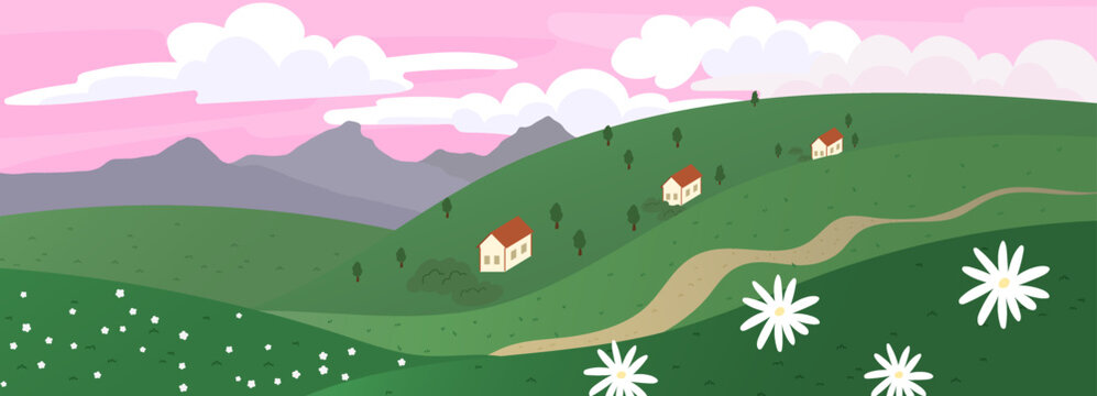 Summer watercolor grass with background watercolour sky for illustration field green. Nature view art with vector daisy spring for grassland outdoor mountain. Flat rice poster with floral hill.