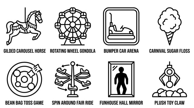 Carnival fairground and amusement park attraction icons featuring traditional rides games and treats carnival fairground amusement carousel funhouse attraction entertainment recreation