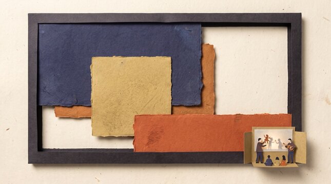 Abstract textured paper collage with a miniature 3D shadow puppet theater diorama