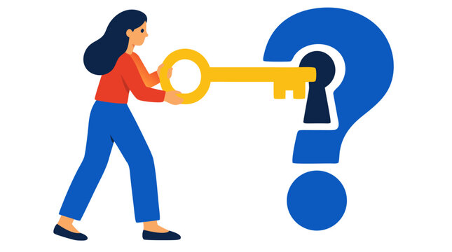 Woman Inserting Large Golden Key Into Question Mark Shaped Keyhole Conceptual Vector Illustration Problem Solving Finding Answers Solutions Curiosity Knowledge Bold Flat Colors White Background