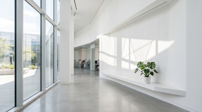 A bright and modern office lobby features expansive glass windows and sleek polished concrete floors offering a genuinely welcoming and inviting atmosphere