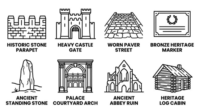 Set of historical architecture icons depicting ancient stone structures and heritage landmarks with architecture monument heritage building historic medieval pavement construction structure
