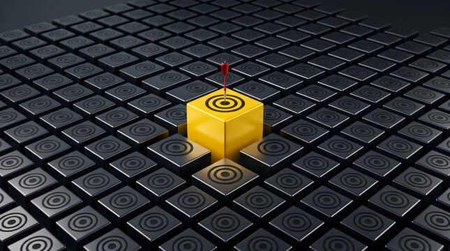 Golden cube with target and red arrow among black cubes.