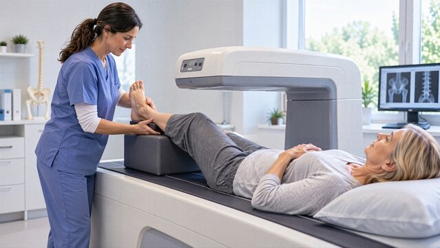 Radiology technologist positions mature woman for bone density scan, showing postmenopausal screening, osteoporosis prevention and preventive healthcare for women.