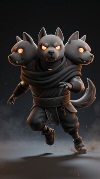 
Chibi three-headed dog with glowing orange eyes