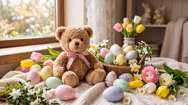 Teddy bear sitting with Easter eggs and tulips in spring home decor