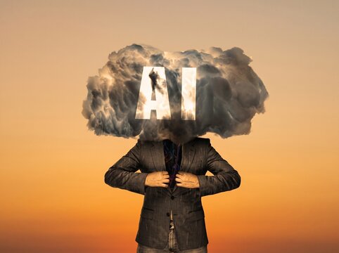 Business person with a stormy cloud head featuring AI text glowing from within