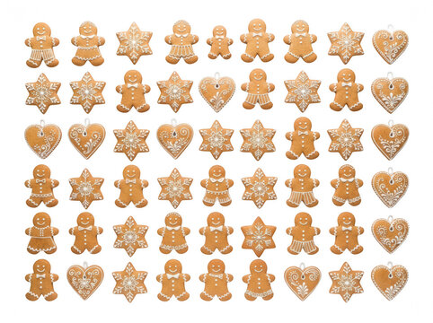 Grid of gingerbread cookies with white icing decoration isolated on transparent