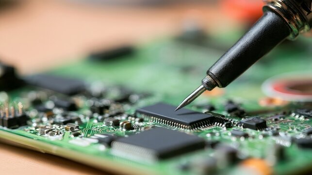 Tech works on circuit board, close look at computer part repair.