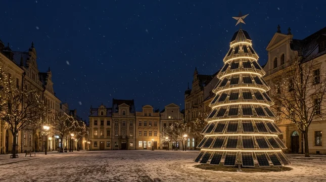 Sustainable Christmas tree glowing with solar panels in dark winter city square