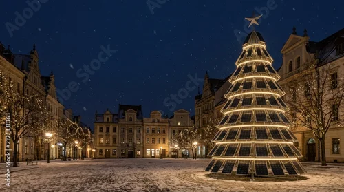 Sustainable Christmas tree glowing with solar panels in dark winter city square