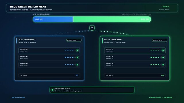 Digital dashboard interface illustrating blue-green deployment software release strategy with traffic routing and server environments.