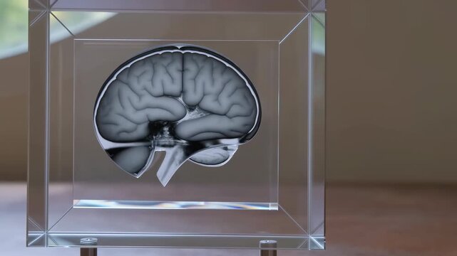 Grayscale anatomical brain cross section remains centered inside clear layered display block as view shifts gently across reflective edges and softly lit warm background