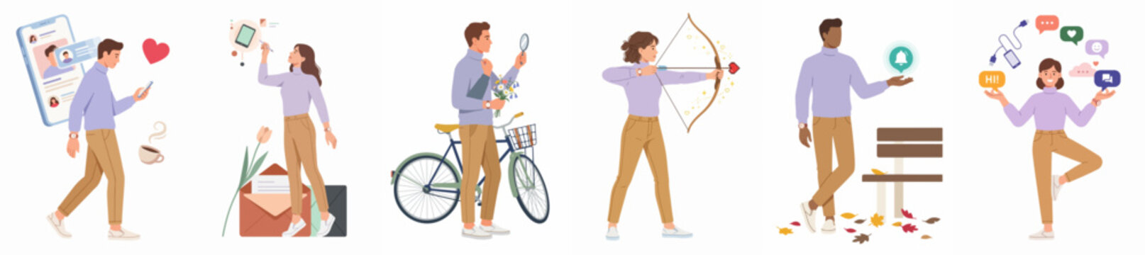Set of flat illustrations showing people engaged in various lifestyle activities, social media interactions, multitasking, and hobbies on a white background.