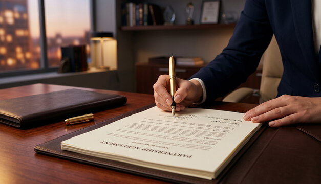 Business contract signing scene on rustic wooden desk with gavel, legal documents, pens, and hands exchanging contract papers, professional legal agreement atmosphere with warm lighting.