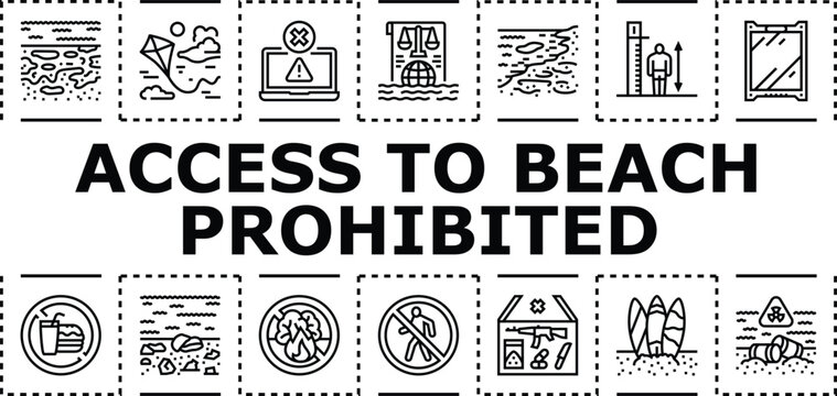 Access to beach prohibited banner infographic. Barrier patrol, shoreline closure, locked coastal icon vector illustration