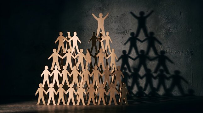 Teamwork paper cutout human chain pyramid on dark background.