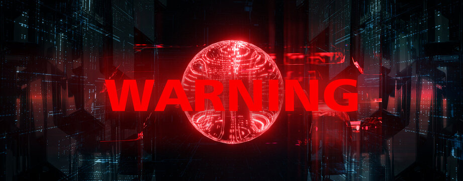 Cybersecurity abstract background with red neon warning text and glowing matrix sphere core 3d render