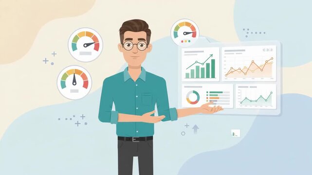 Business analytics dashboard with a man presenting data visualization and performance metrics.