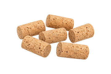 Obraz premium Collection of natural cork wine stoppers with detailed porous texture isolated on a clean white background, sustainable bottle closures for winery, beverage packaging, and winemaking concepts.