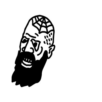 Black and white line art illustration of a bearded man with a spiderweb tattoo