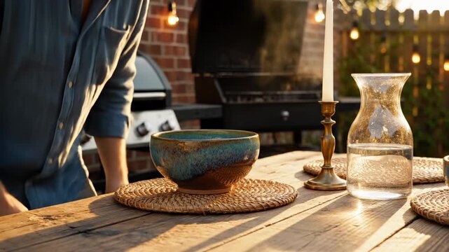 Person places ceramic bowl on outdoor table near water pitcher and grill. Man sets pottery bowl on wooden patio. Ceramic dish on table with pitcher. Outdoor dining setup with bowl and grill.