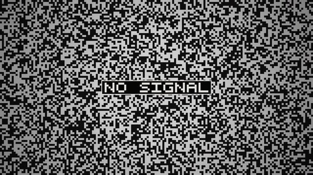 Retro arcade crt screen with no signal text and pixelated static noise background.