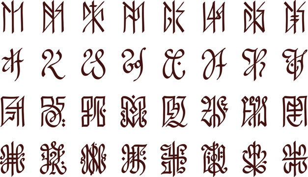 Set of intricate mystical symbols and ancient runic characters arranged in a grid on a white background