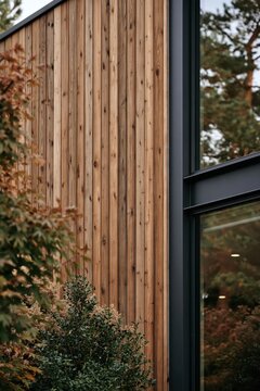 Modern mountain home exterior with vertical cedar siding, a dark window frame and green shrubs, autumn detail shot, natural wood texture, warm architectural style, fall season.