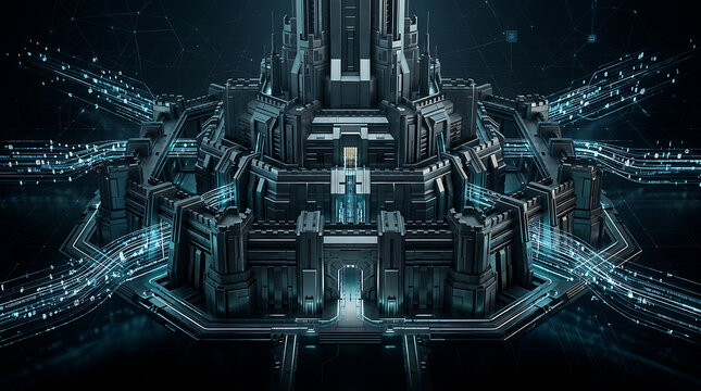 3D Cyber Security Fortress with Metallic Panels and Encrypted Data Streams