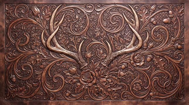 Embossed leather texture with carved deer antlers, roses, oak leaves, and acorns in a symmetrical floral scrollwork pattern, brown leather