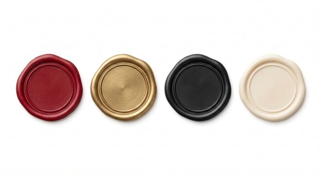 Set of four multicolored wax seals on white background