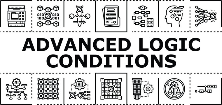 Advanced logic conditions banner infographic. Inference entailment, variable axiom, proof predicate icon vector illustration