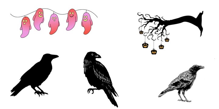 Halloween silhouette collection featuring crows, ghosts, spooky tree branch, and dark seasonal elements.
