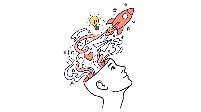 Creative Brainstorming and Imagination Concept Illustration showing a Man Profile with Rocket, Lightbulb, and Ideas Bursting from an Open Mind in a Doodle Line Art Style for Innovation and Vision.
