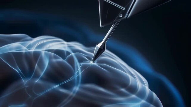 Metallic precision stylus touches glowing translucent brain surface as concentric light rings expand from contact point across blue neural contours on dark background