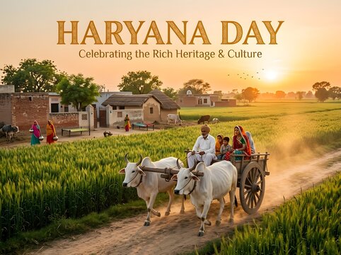 A traditional indian family riding a bullock cart through a rural village path during a beautiful golden sunset in the state of haryana