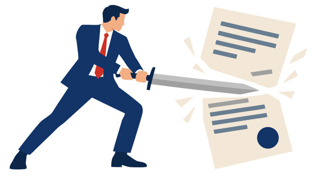 Determined corporate businessman in a navy suit swinging a sharp silver sword to slice through an official legal contract paper, cancellation concept flat vector illustration on white