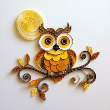 Halloween paper quilling concept. Quilled paper art of a cute owl perched on a branch with a yellow sun.