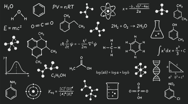 Scientific mathematical equations and organic molecular diagrams hand drawn in chalk white across dark green blackboard background surface, flat vector illustration for chemistry education