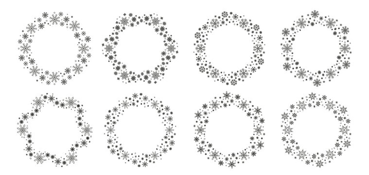 Snowflake wreath frame set. Black line art circular winter snowflake frames, round christmas ice crystal wreaths, seasonal holiday border frames vector illustration. New year greeting card design elem